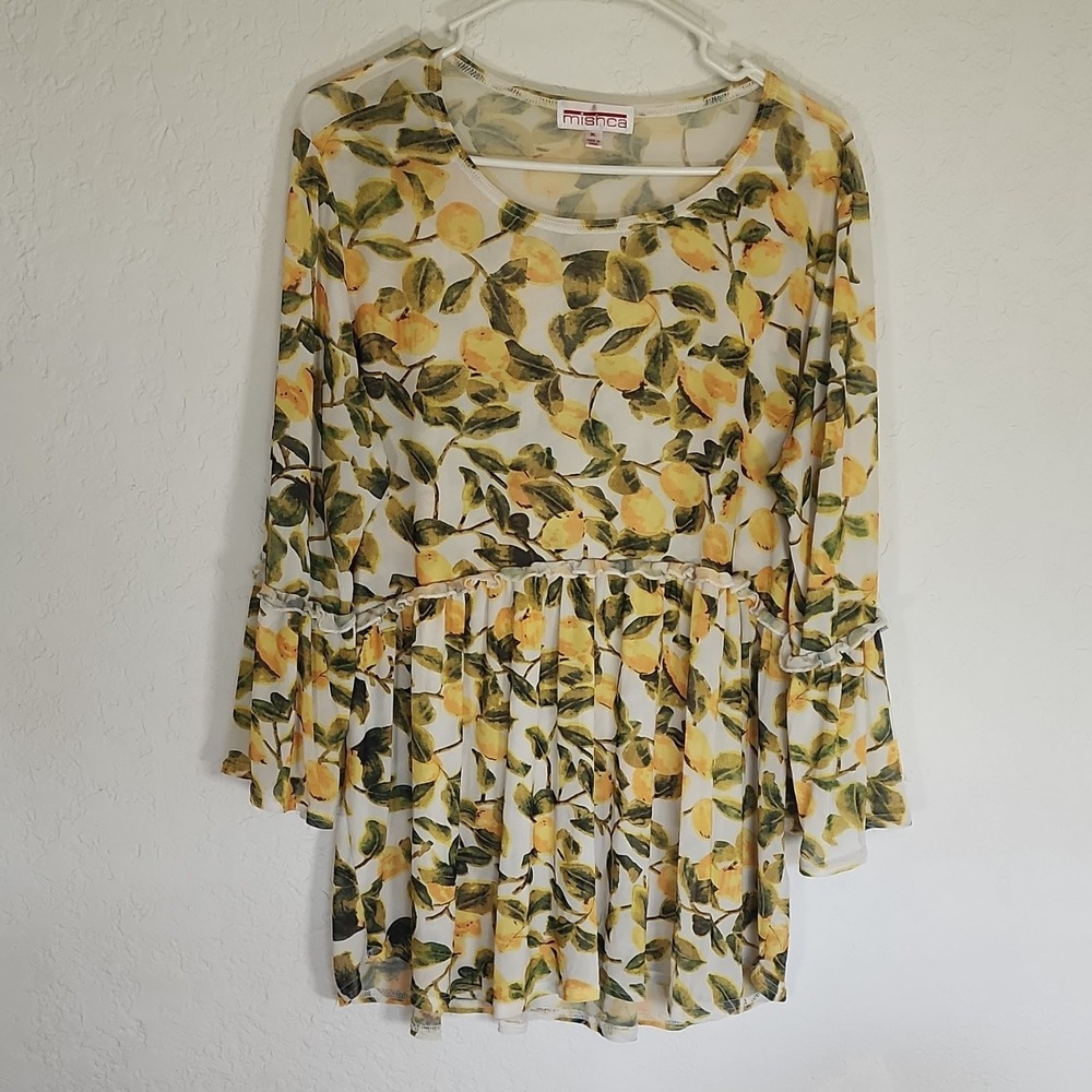 mishca Yellow Lemons Green Leaf Mesh XL‎ Blouse Long Bell Sleeve Round Neck